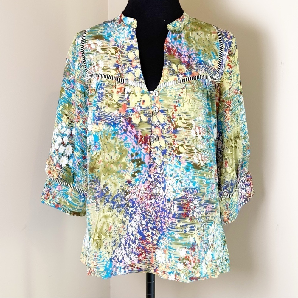 Dolan Blue and Yellow Graphic Blouse with Bell Sleeves S